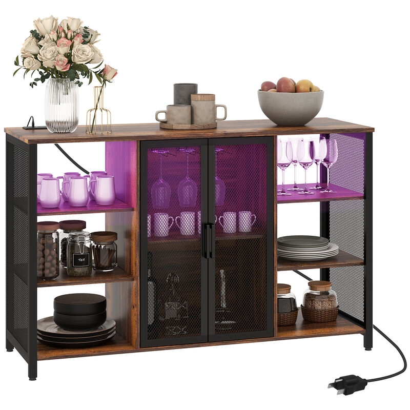 HOMCOM LED Wine Cabinet with Charging Station Glass Holders, Open Shelves