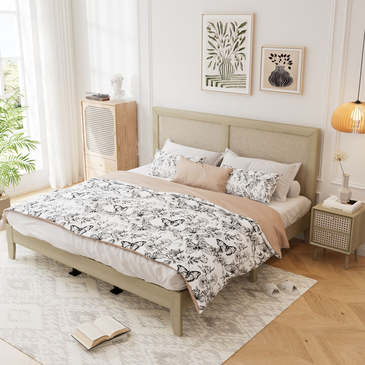 Christopher Knight Home Mircea Rubber Wood Platform Bed with Rattan Woven Headboard