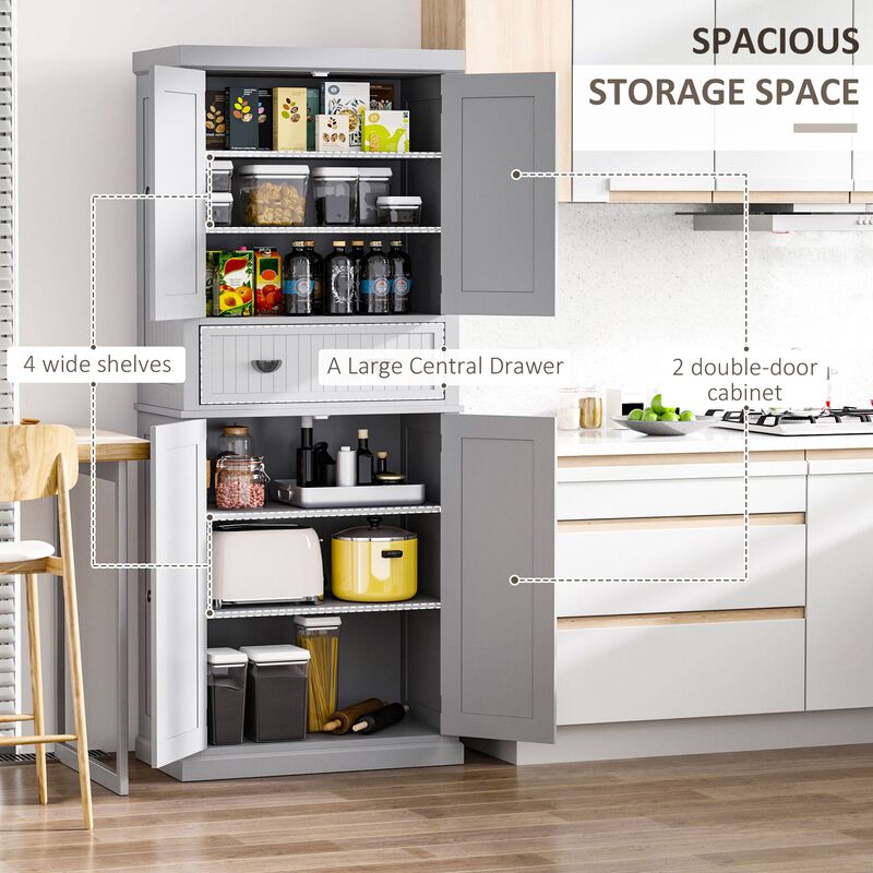 72" Kitchen Pantry, Tall Storage Cabinet, Freestanding Cupboard with Drawer, Doors and Adjustable Shelves, Gray