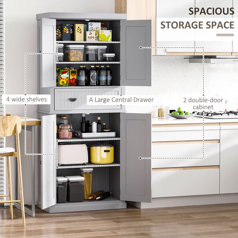 72" Gray Kitchen Pantry: Freestanding, Drawer, 4 Doors