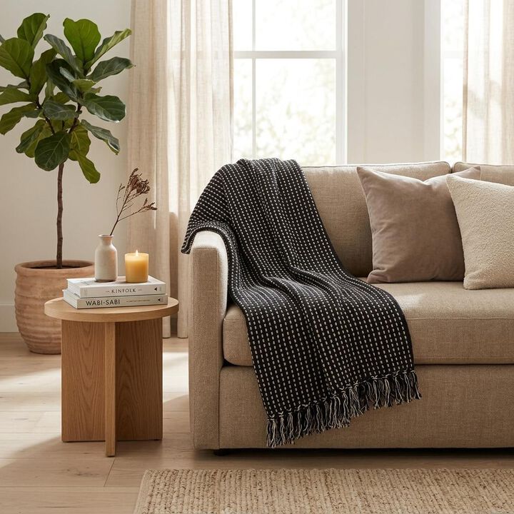 HomeRoots 52" X 67" Black and White Woven Cotton Striped Throw Blanket with Tassels