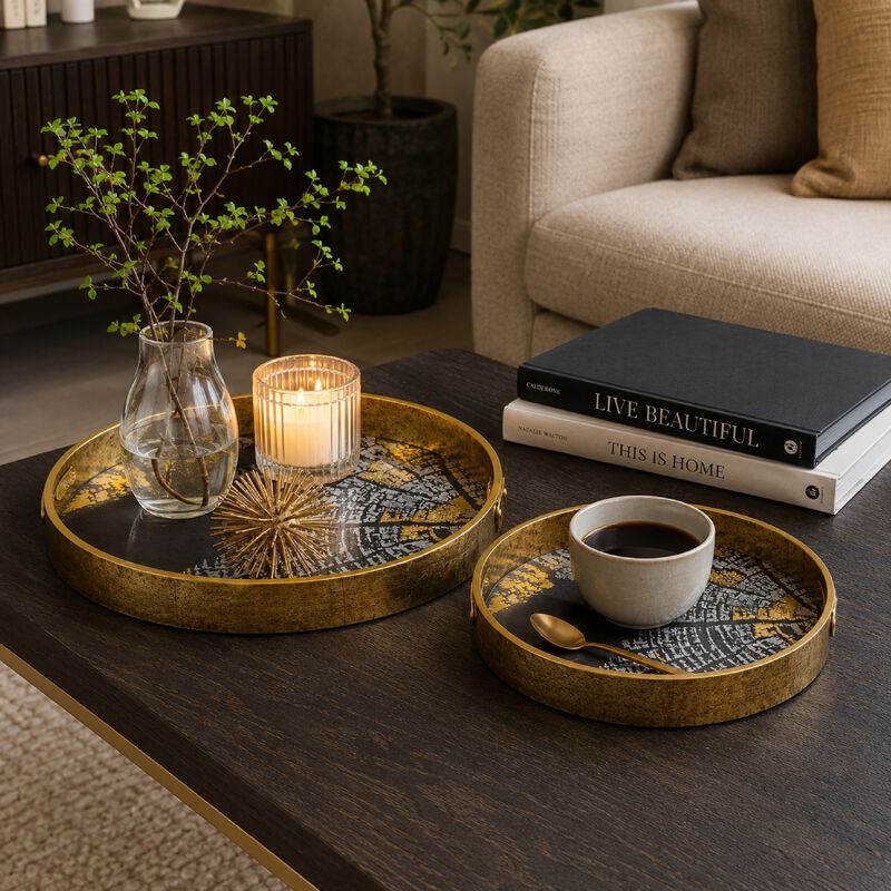 Archy Round Tray, Set of 2, Abstract Patterns, Black-Gold Polyurethane image number 8