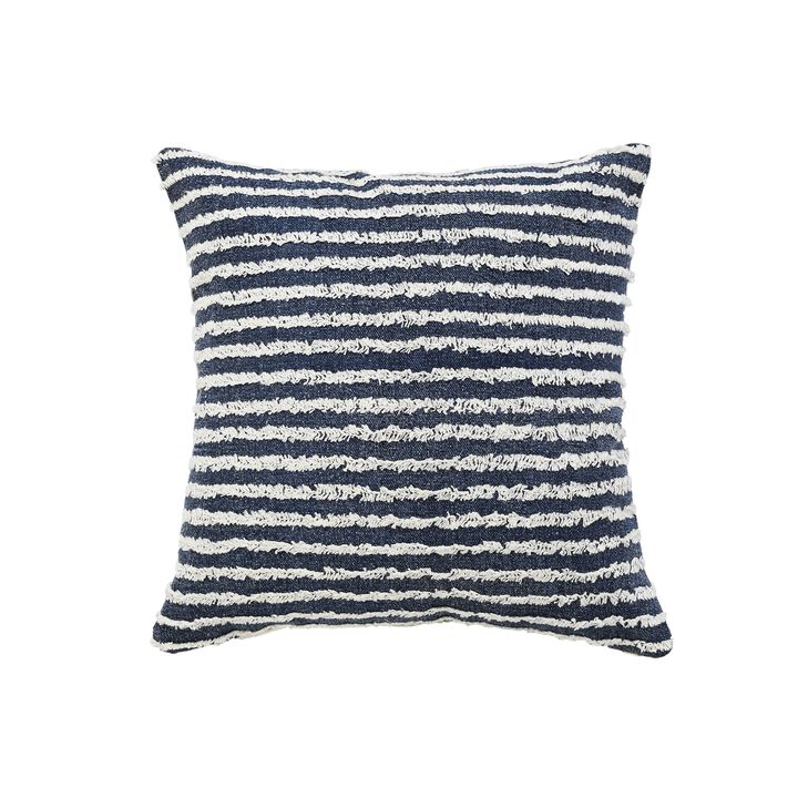 20" Blue and White Tufted Horizontal Stripes Square Throw Pillow