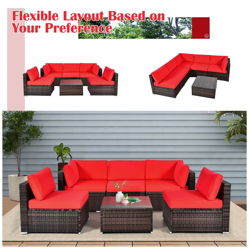 6 Pieces Patio Rattan Furniture Set with Cushions and Glass Coffee Table image number 6
