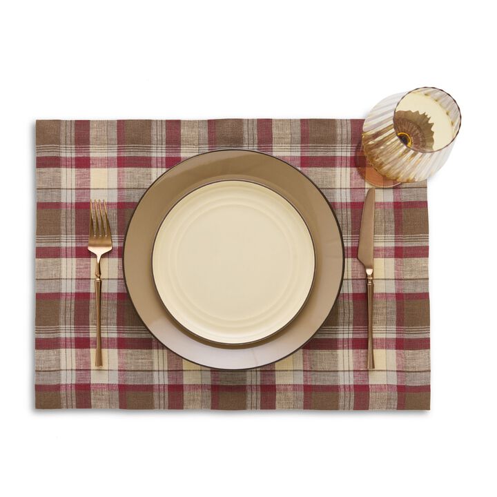 Solino Home 100% Pure Linen Plaid Placemats 14 x 19 Inch Set of 4