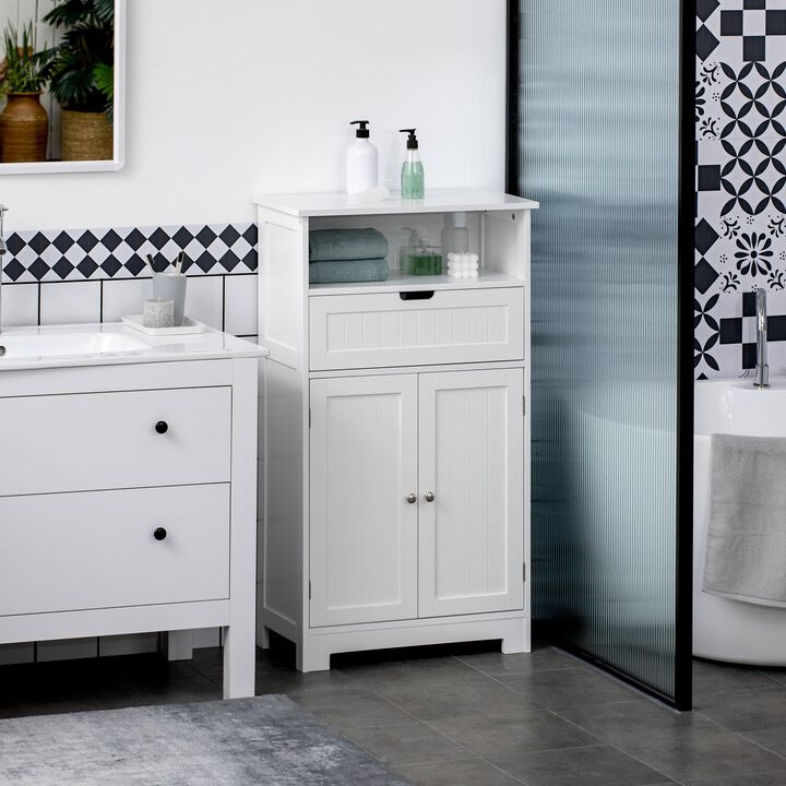 White Bathroom Organizer: Freestanding Cabinet with Drawer & Adjustable Shelf