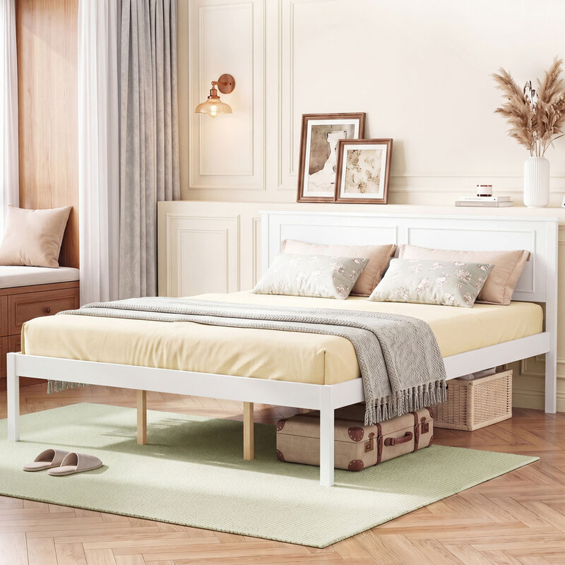Farmhouse Wood Bed Frame with Headboard and Platform Design for Bedroom-White image number 7