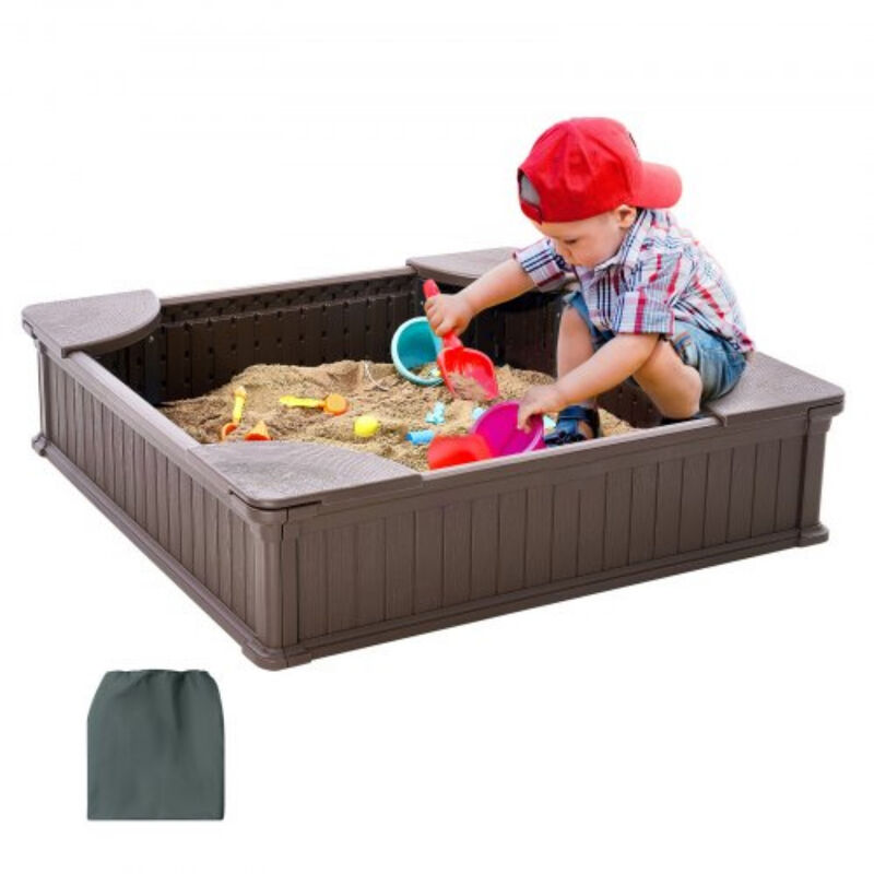 Square Sandbox with Cover &ndash; HDPE Outdoor Sand Pit with Seating for 4 Kids & Bottom Liner, Perfect for Backyard Play Ages 3&ndash;12