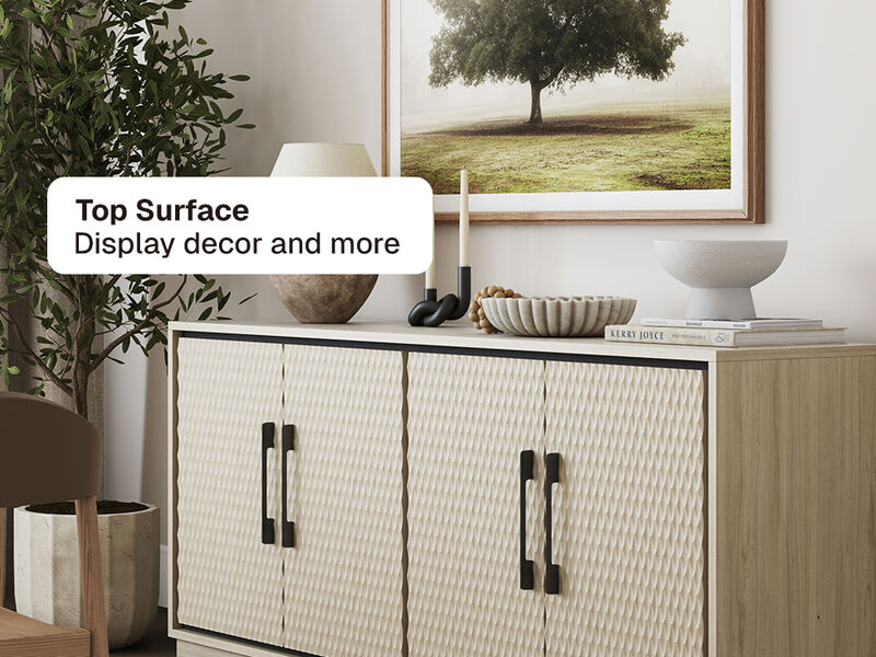 BELLEZE 65-Inch Embossed Buffet Cabinet with Storage, Mid Century Modern Sideboard Large Buffet Console Table for Dining Room, Kitchen, and Living Room (White Lotus)