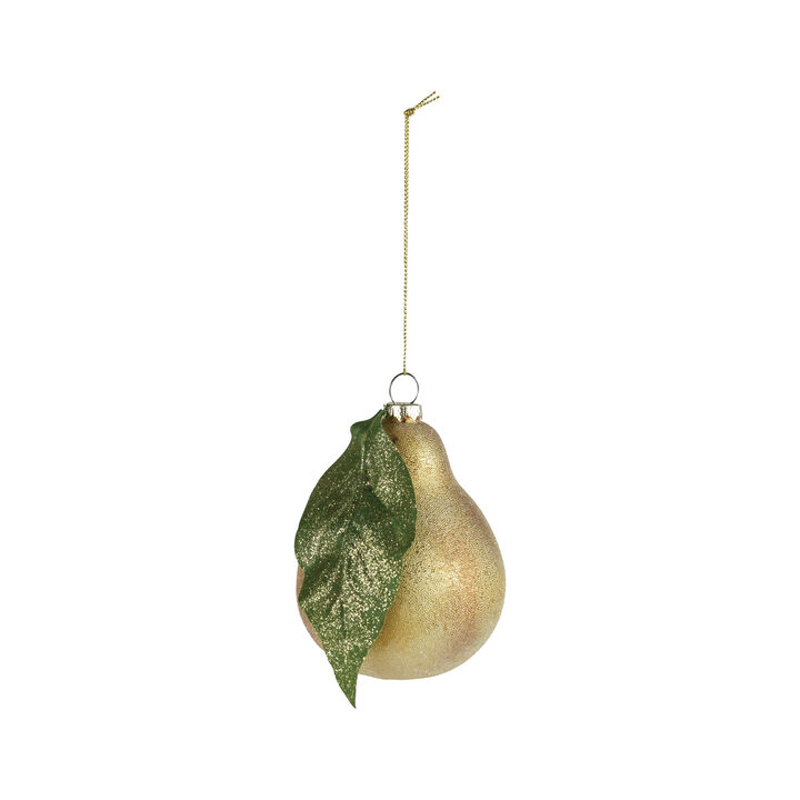 Glittered Glass Pear Ornament in Green & Yellow