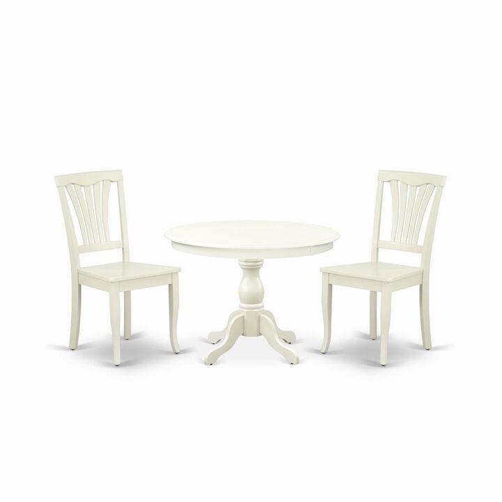 East West Furniture HBAV3-LWH-W 3 Piece Kitchen Set - Linen White Dinning Table and 2 Linen White Wooden Dining Chairs with Slatted Back - Linen White Finish