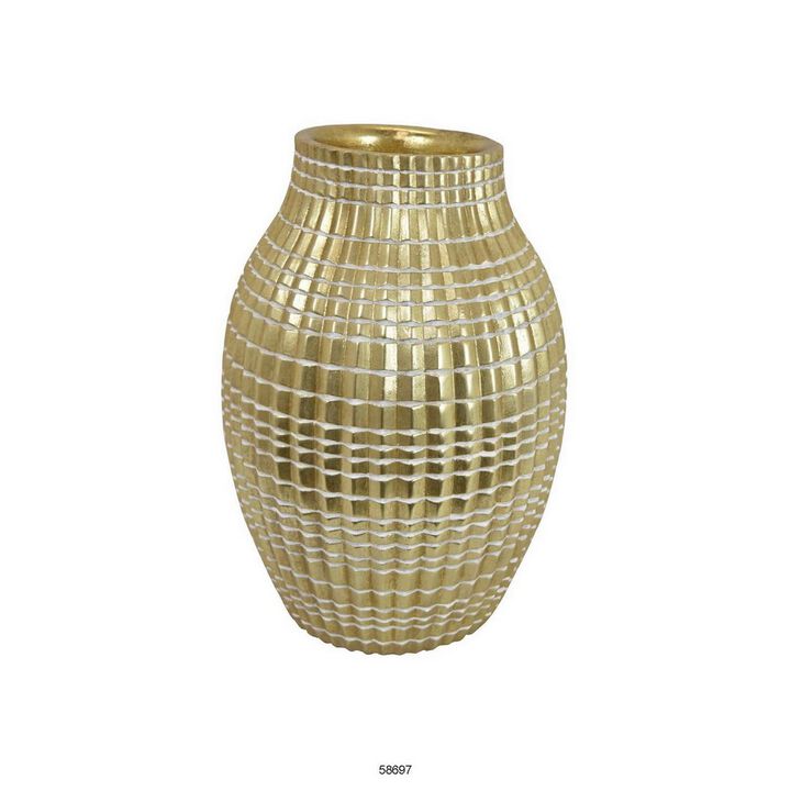 16 Inch Flower Vase, Long Curved Shape, Elegant Gold Textured Resin Finish - Benzara