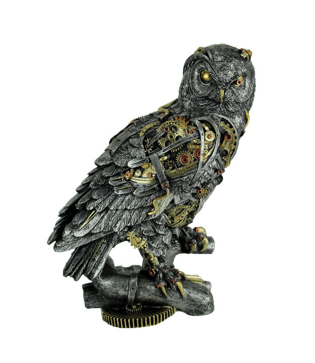 Metallic Silver and Gold Gothic Steampunk Owl Statue