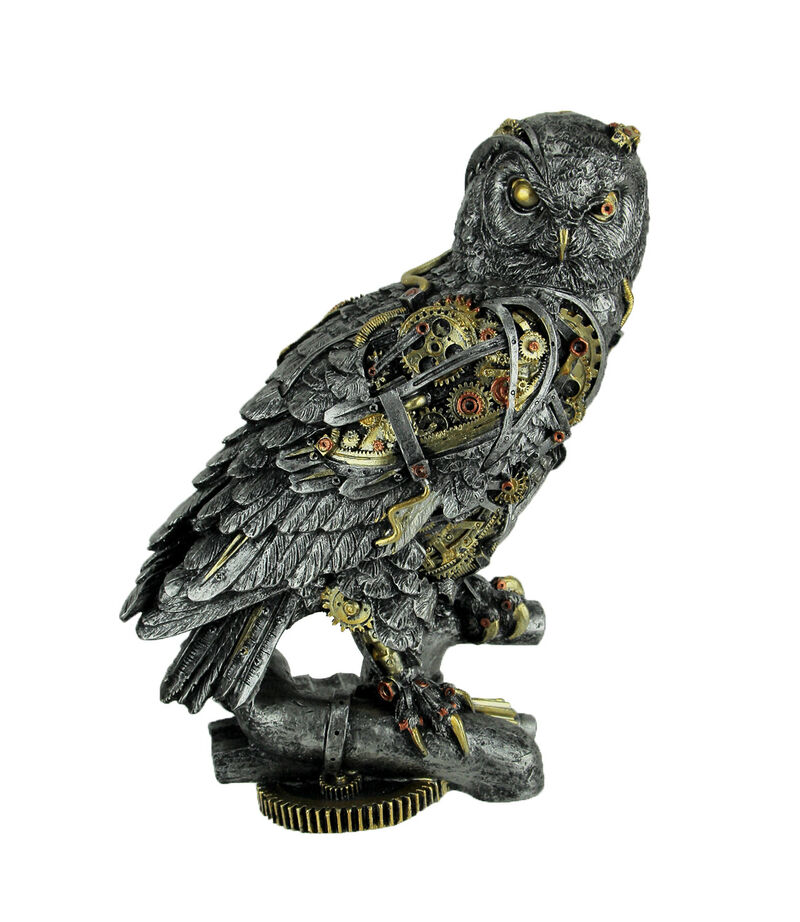 Metallic Silver and Gold Gothic Steampunk Owl Statue image number 0