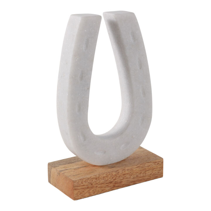 8x5" Marble Horseshoe On Wood Base, White/natural
