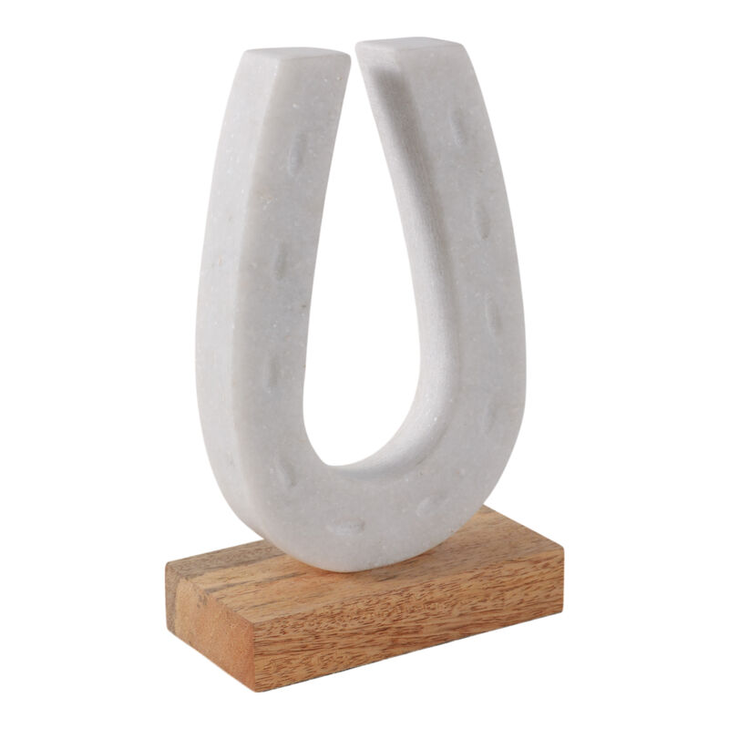 8x5" Marble Horseshoe On Wood Base, White/natural image number 1