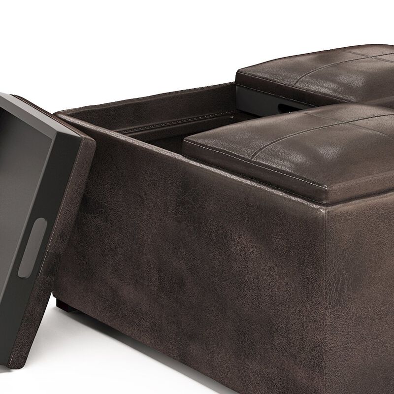Simpli Home Coffee Table Storage Ottoman In Distressed Brown Vegan Faux Leather