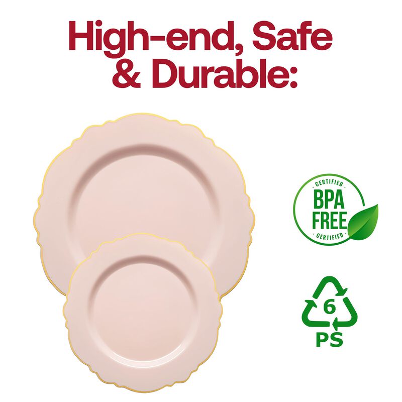 10.25" Pink with Gold Rim Round Blossom Plastic Dinner Plates (120 Plates) image number 4