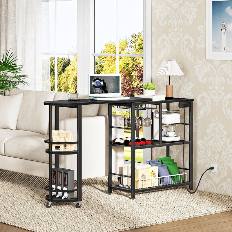L-Shaped Bar Table with Charging Station and Multi-Tier Corner Storage-Black image number 3