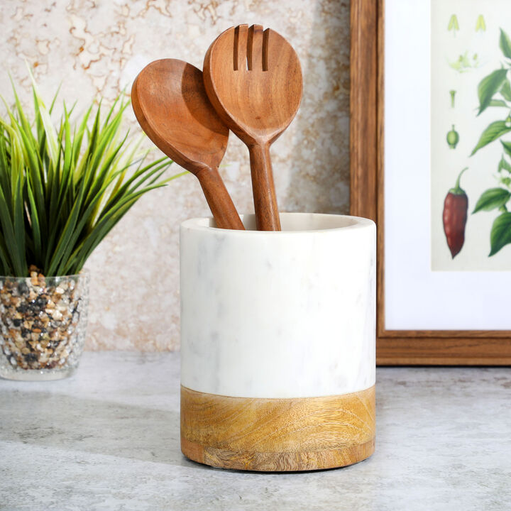 Laurie Gates California Designs 6.5 Inch White Marble and Mango Wood Utensil Crock