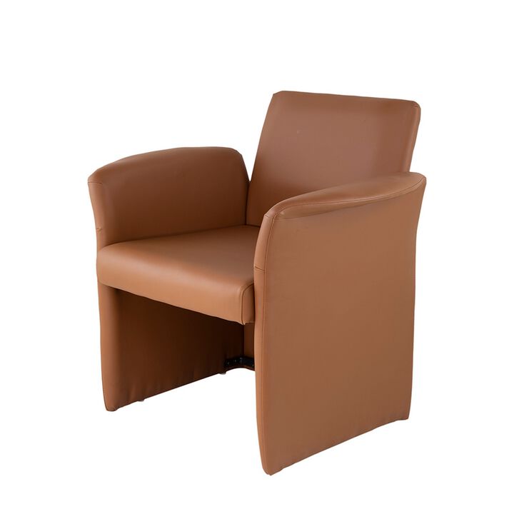 32 Inch Accent Chair, Curved, Extended Back, Caramel Brown Faux Leather - Benzara