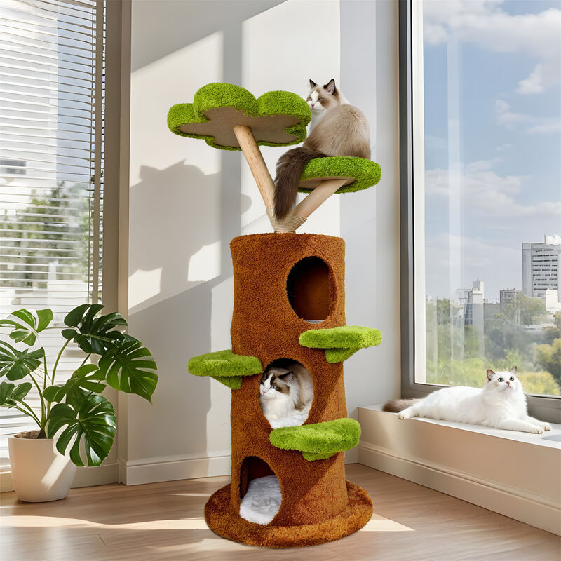148CM Tall Wooden Cat Tree Tower Condo for Large Cats Activity with Steps &Posts image number 8