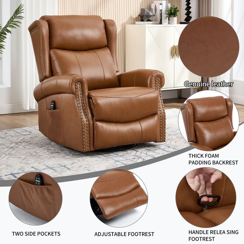 Genuine leather Heat Massage Manual Recliner Chair with Rocker and Swivel for Living Room image number 9