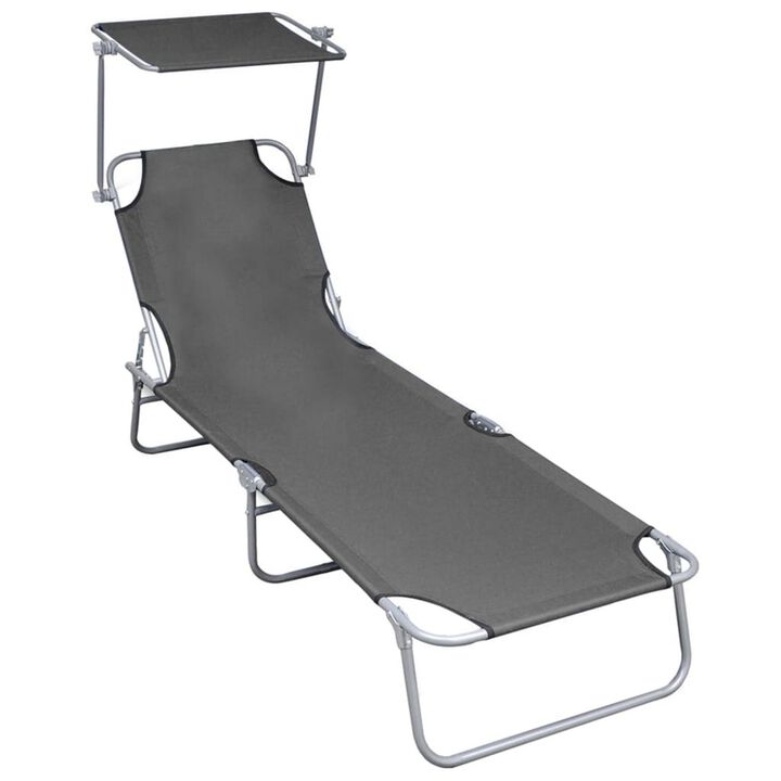 Keli Folding Chaise Lounger with Sun Canopy, Gray Aluminum, 74 Inch - Benzara