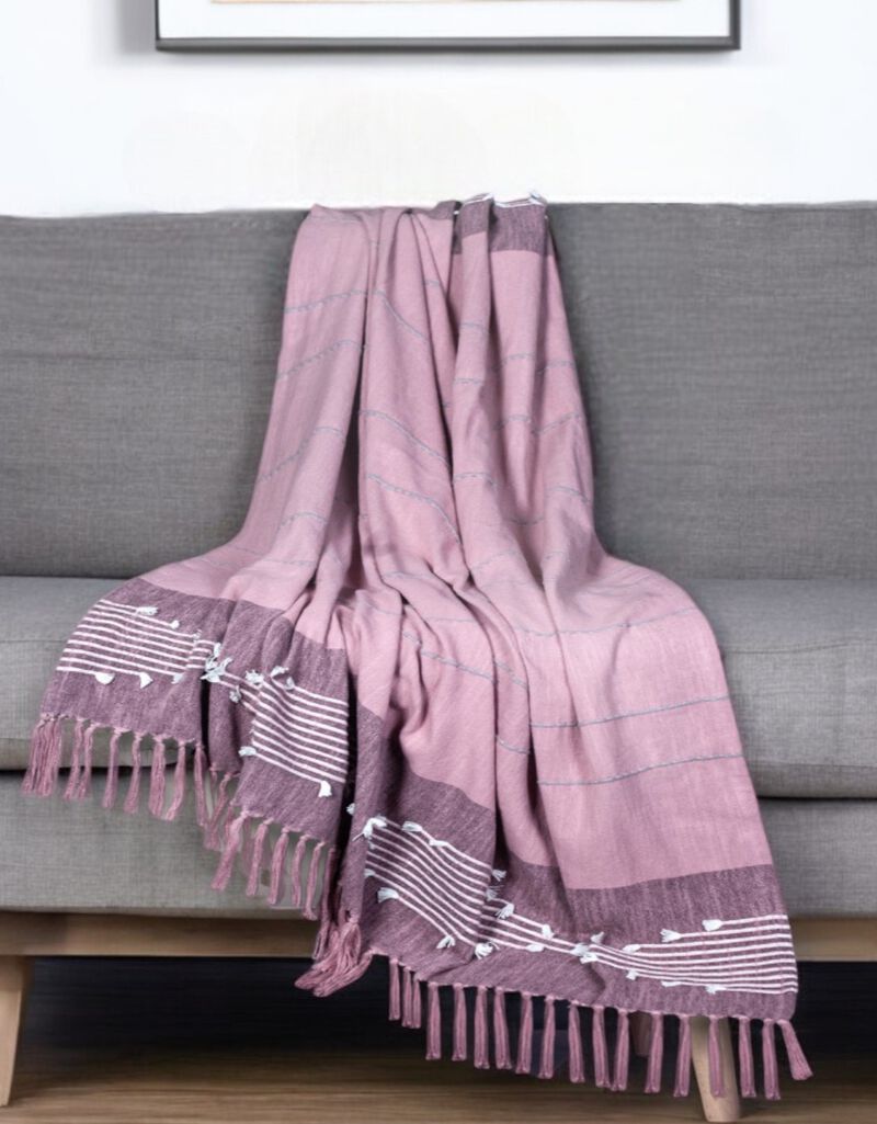 HomeRoots 50" X 60" Pink Woven Cotton Striped Throw Blanket with Tassels and Embroidery image number 1