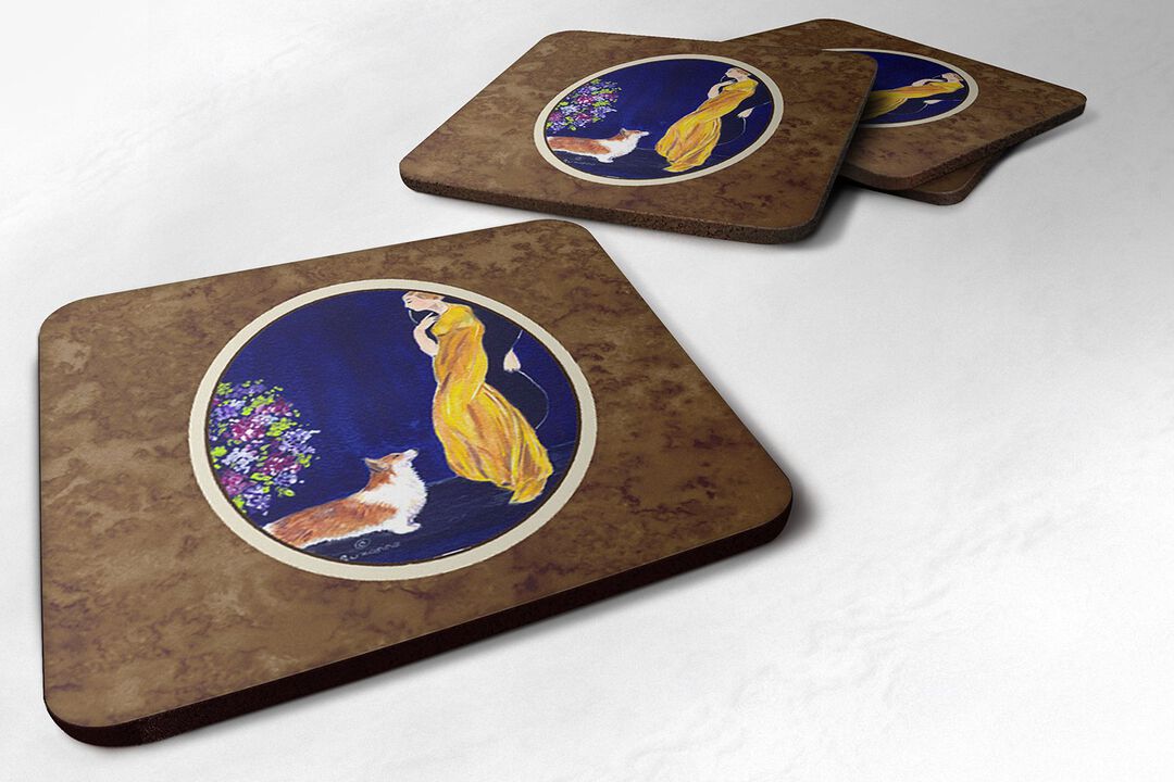 Caroline's Treasures SS8546FC Lady with Her Corgi Foam Coasters (Set of 4), 3.5 H x 3.5 W, Multicolor