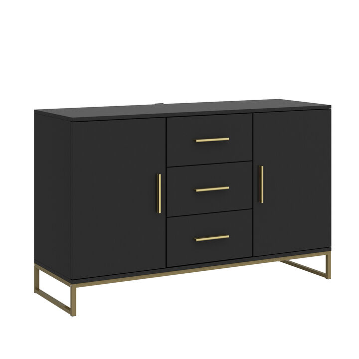 Black Storage Accent Cabinets with 3-Drawers and 2-Cabinets, Metal Legs Cupboard Floor-Standing Sideboard
