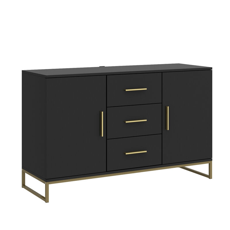 Black Storage Accent Cabinets with 3-Drawers and 2-Cabinets, Metal Legs Cupboard Floor-Standing Sideboard