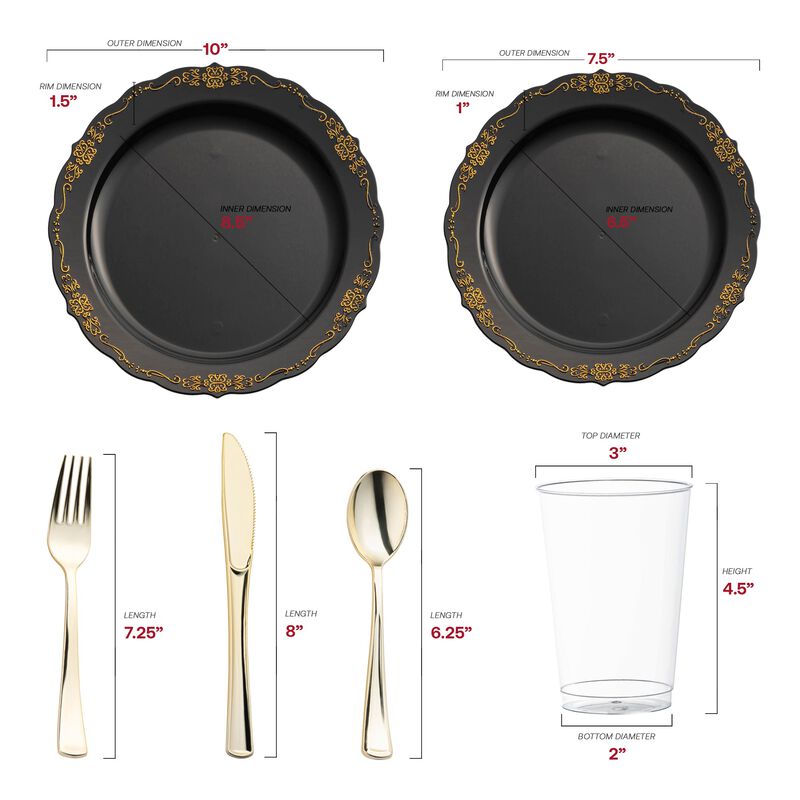 Black with Gold Vintage Rim Round Plastic Wedding Value Set (30 Sets) image number 2