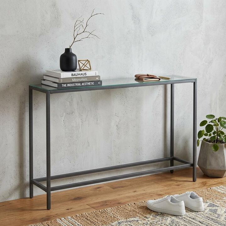 HomeRoots 56" Silver and Gunmetal Mirrored Glass and Metal Console Table