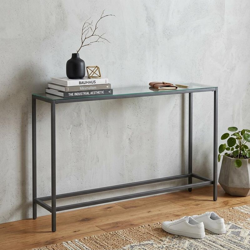 HomeRoots 56" Silver and Gunmetal Mirrored Glass and Metal Console Table image number 1