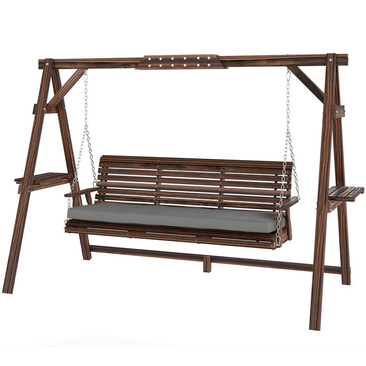 Hivvago 3-Seat Wooden Porch Swing with Stand & Cushion