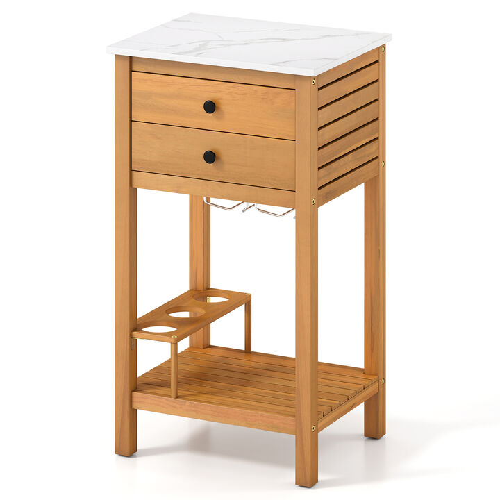 Patio Bar Table Storage Cabinet with Acacia Wood Frame and Faux Marble Top-Natural