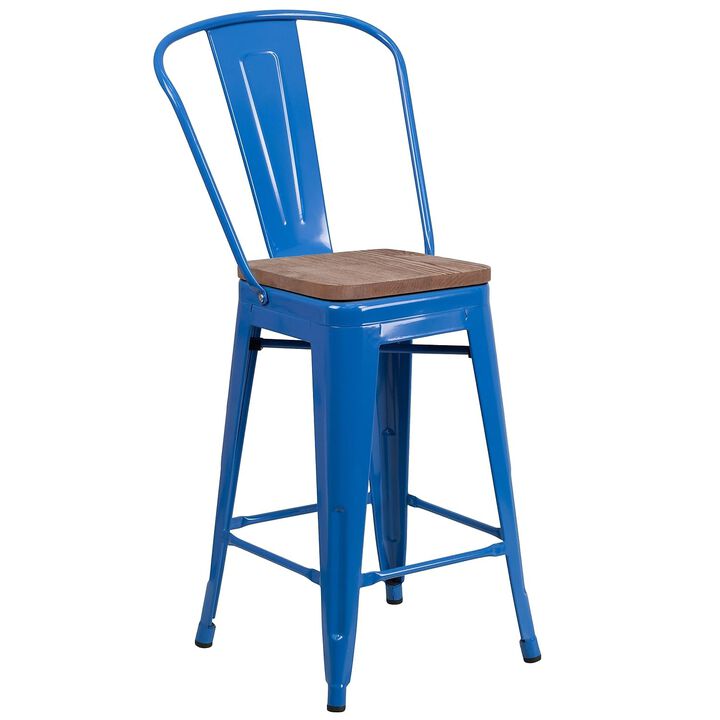 Flash Furniture Lily 24" High Blue Metal Counter Height Stool with Back and Wood Seat