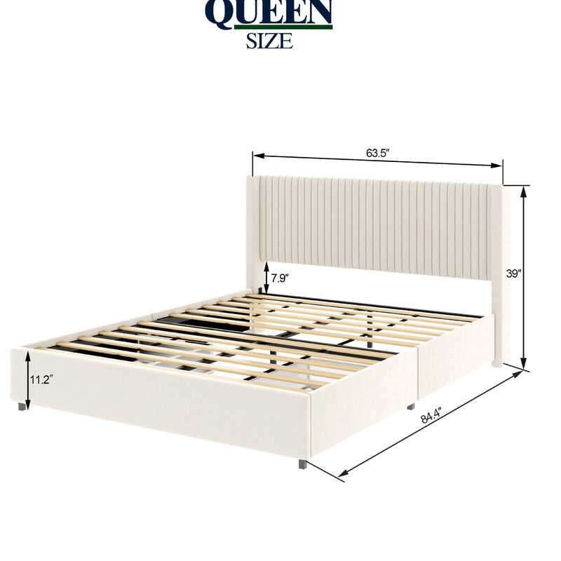 Nia Queen Bed, 2 Storage Drawers, Wingback Tufted Ivory Velvet Headboard image number 5