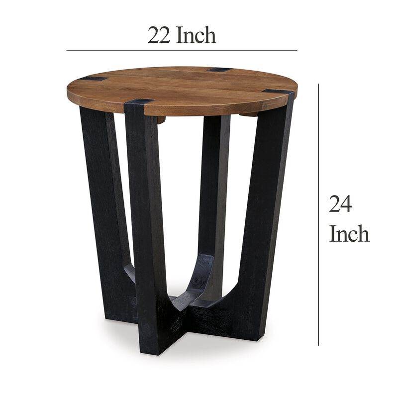 Leyi Round Side End Table, Black Angled Legs, 22 Inch Brown Mango Wood
