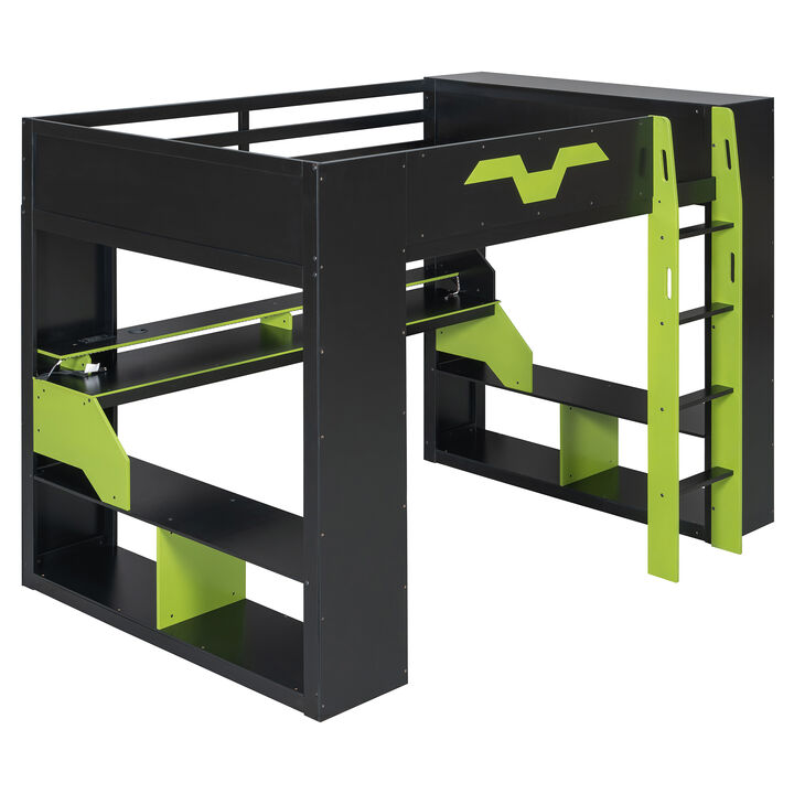 Merax Full Size Gaming Loft Bed with RGB LED, Power Hub, Work Desk & Multi-Tier Storage