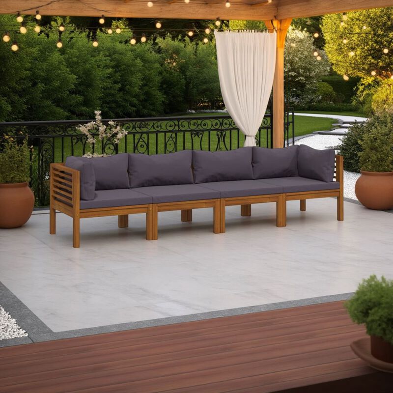 Outdoor Modular Sofa, 4 Seater, Brown Solid Acacia Wood, Gray Cushions - Benzara