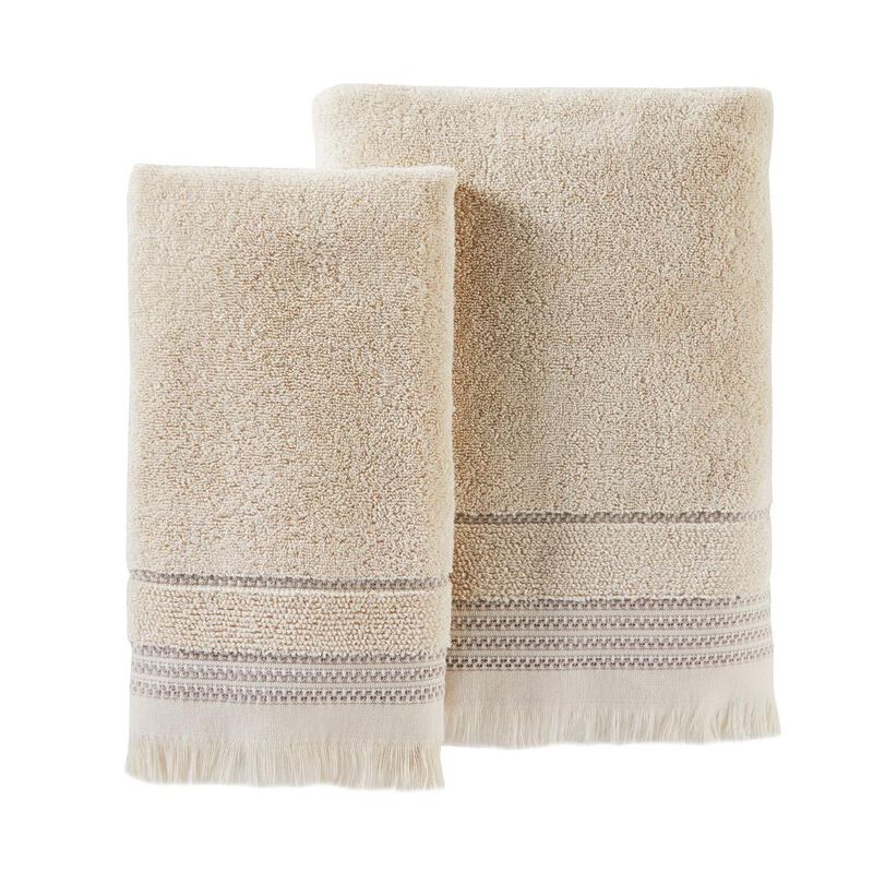 Saturday Knight Ltd Jude Fringe Jacquard Stripes Bath Hand Towel Set - 2 Piece - 16x26", Taupe