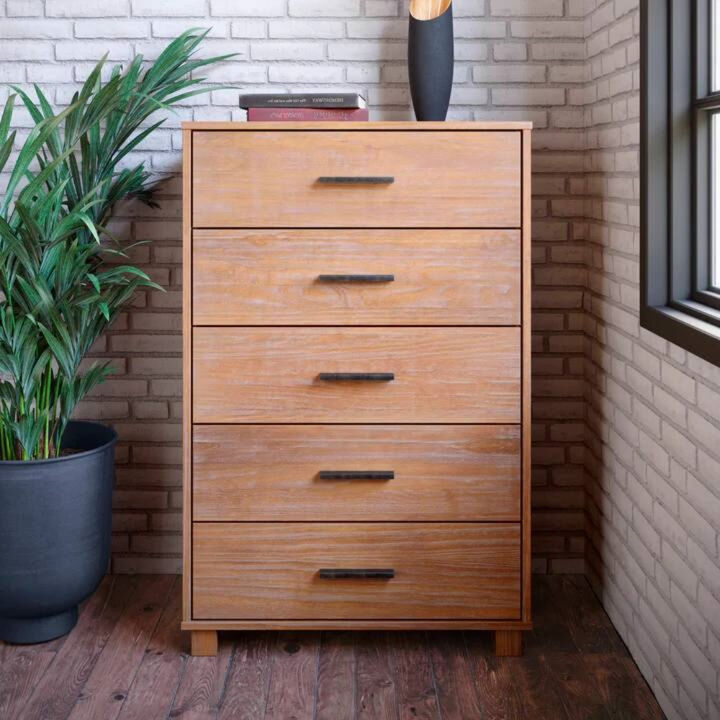 Modern Farmhouse Wooden Vertical Dresser with 5 Storage Drawers