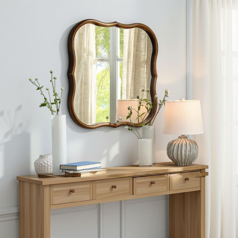 Deri Scalloped Wall Mirror, 31 Inch Brown Frame, Non Beveled Edge - Benzara image number 5