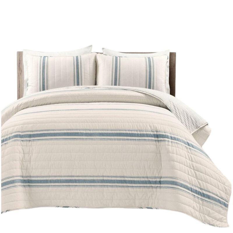 Hivvago Blue Off-White Cream Stripe 3 Piece Reversible Cotton Quilt Set