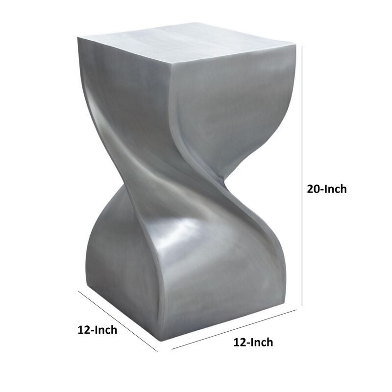 12 Inch Modern Square Accent Table, Hourglass Spiral Shape, Antique Silver - Benzara