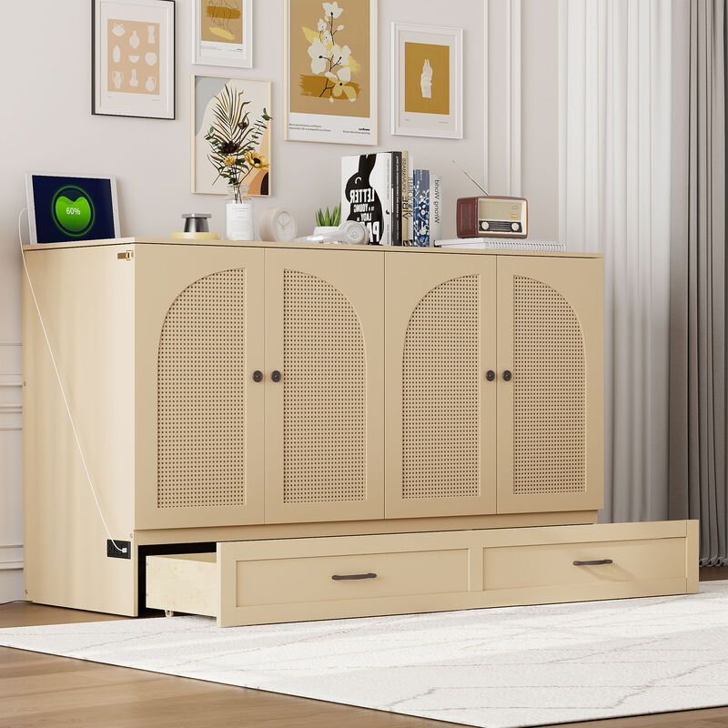 Whisen Modern Design Queen Size Murphy Bed, Folded into a Cabinet with Large Drawers