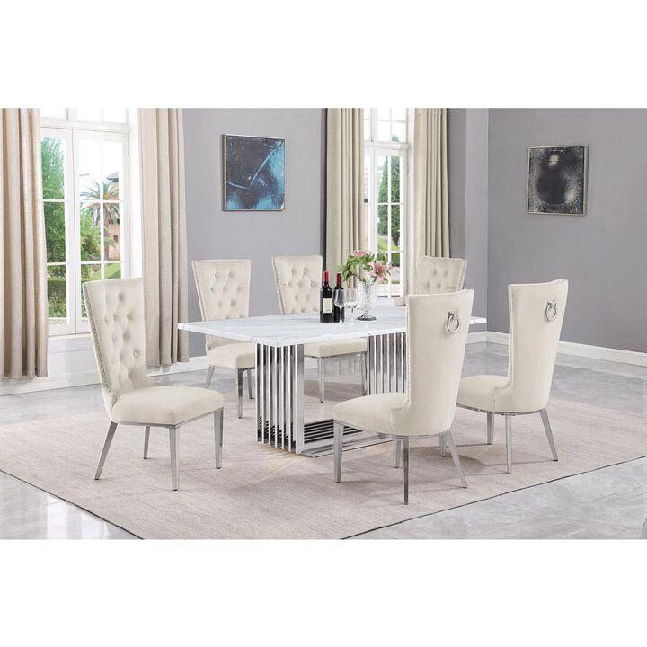 7pc Small(68") marble top dining set with silver base and 6 Cream side chairs