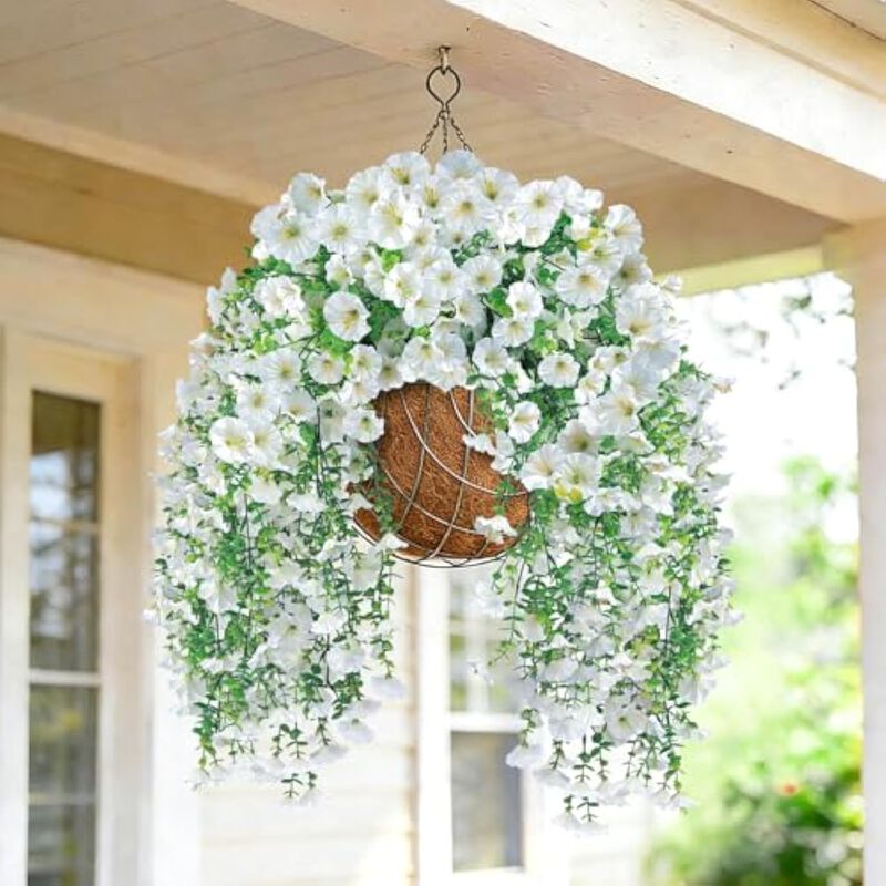 4 Piece White Artificial Hanging Morning Glory Flowers UV Resistant Outdoor image number 3